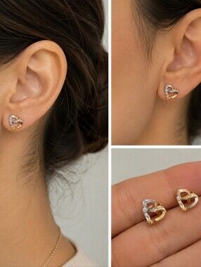 Elegant Two-Tone Heart Stud Earrings - 10k Gold & Silver